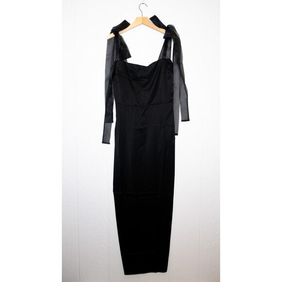 REFORMATION Kacia Black Satin Sheer Organza Bow Tie Straps Maxi Dress US 10 NWT - Picture 8 of 13